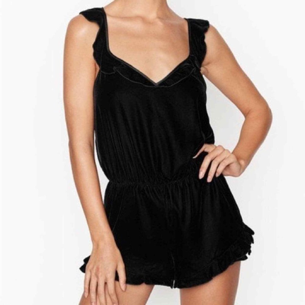 Victoria's Secret Black Velvety Ruffle Trim Romper Size M